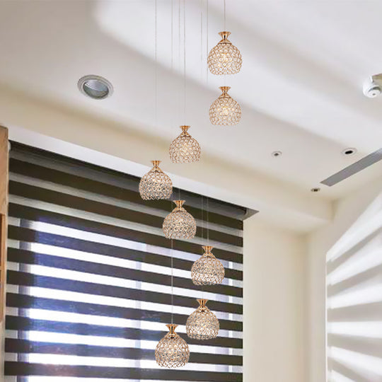 Modern Brass Suspension Pendant Lamp With 8 Crystal Dome Shades
