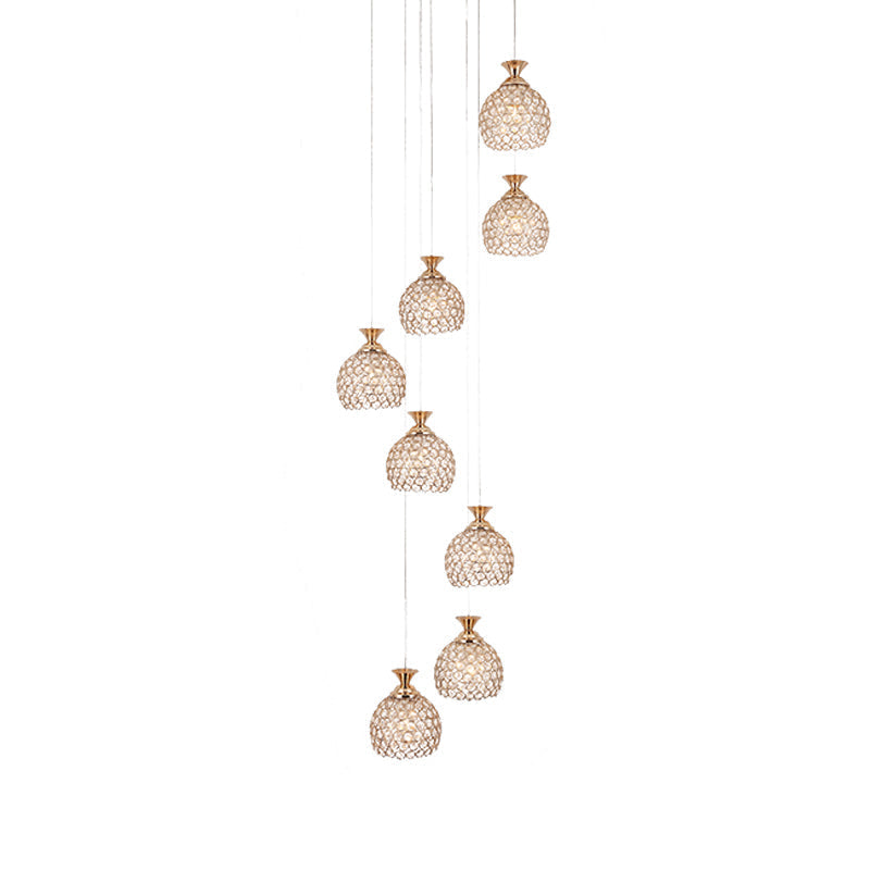 Modern Brass Suspension Pendant Lamp With 8 Crystal Dome Shades