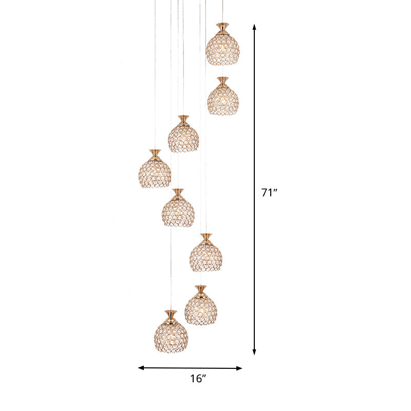 Modern Brass 8-Head Pendant Lamp With Crystal Dome Shade - Unique Suspension Lighting Cluster