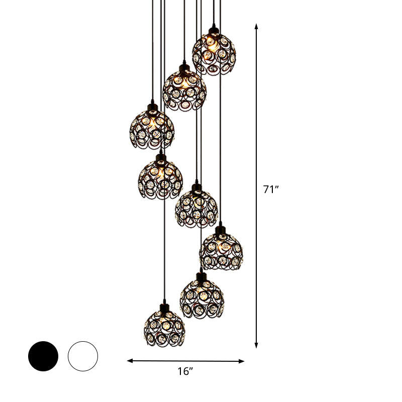 Modern Crystal Dome Chandelier - White/Black 8-Bulb Ceiling Light For Living Room