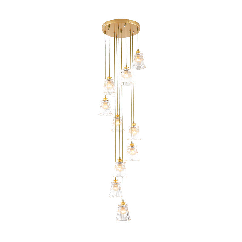 10-Bulb Crystal Suspension Lamp With Contemporary Gold Spiral Stair Design - Multiple Hanging Lights