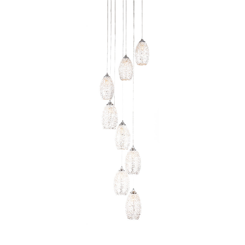 Contemporary Metallic Egg-Shaped Stair Pendant With 8 Bulbs Silver Hanging Lamp