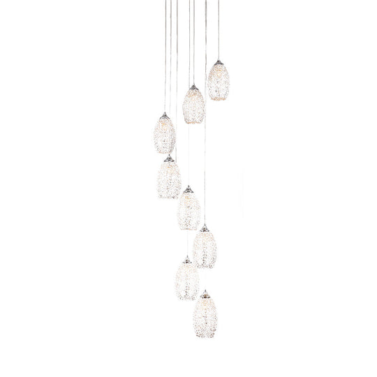 Contemporary Metallic Egg-Shaped Stair Pendant With 8 Bulbs Silver Hanging Lamp