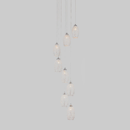 Contemporary Metallic Hanging Lamp: 8-Bulb Silver Egg Shape Stair Pendant