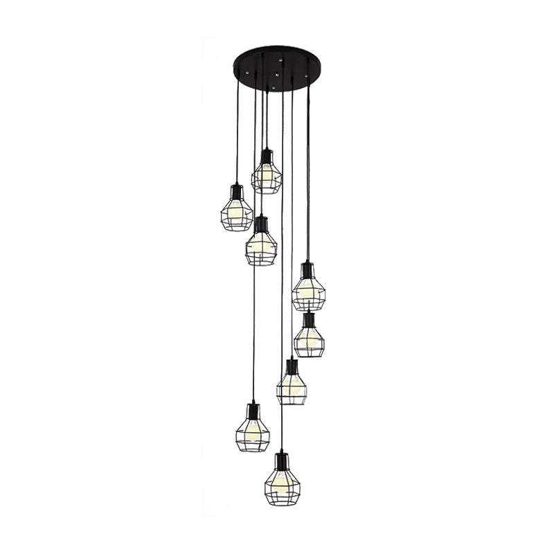 Industrial Black Metal Pendant With Spiral Design - 6 Bulbs Globe Cage Hanging Light Fixture
