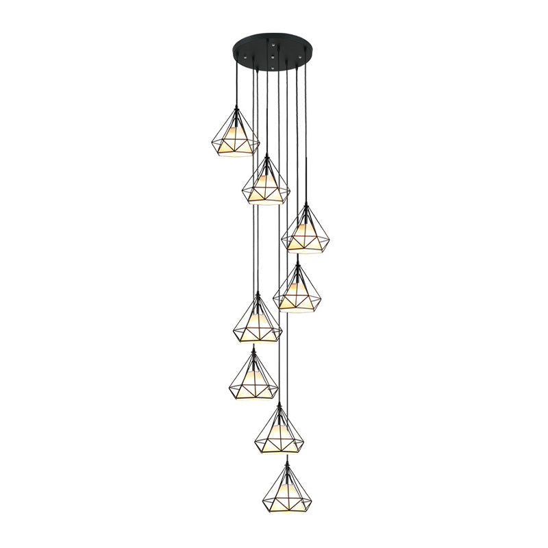 Modern Iron 8-Bulb Black Diamond Cage Ceiling Light Pendant Chandelier For Living Room