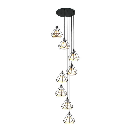 Modern Iron 8-Bulb Black Diamond Cage Ceiling Light Pendant Chandelier For Living Room