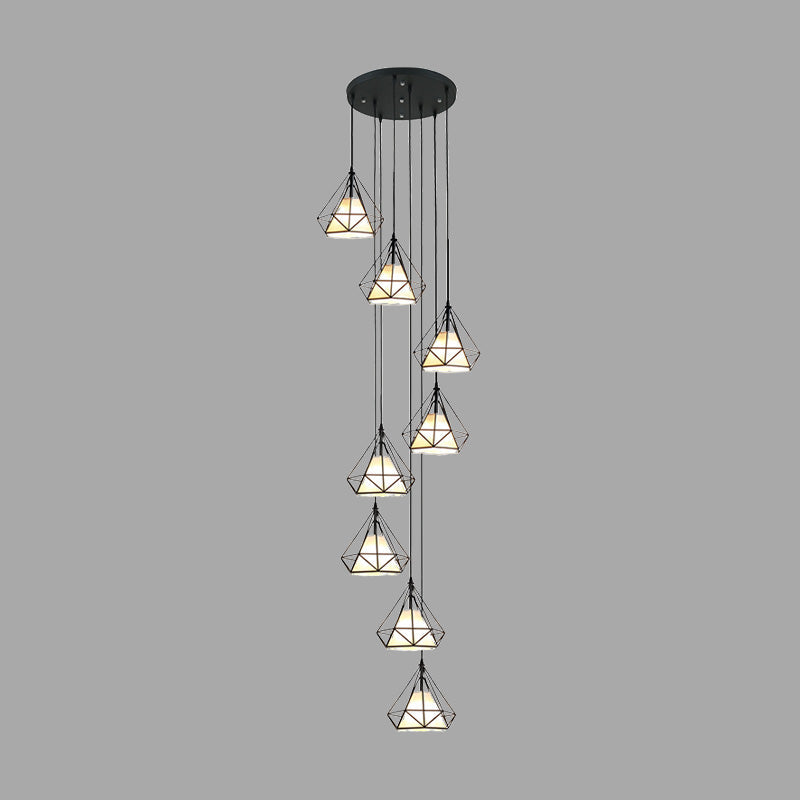 Modern Black Diamond Cage Ceiling Light 8-Bulb Iron Pendant Chandelier For Living Room