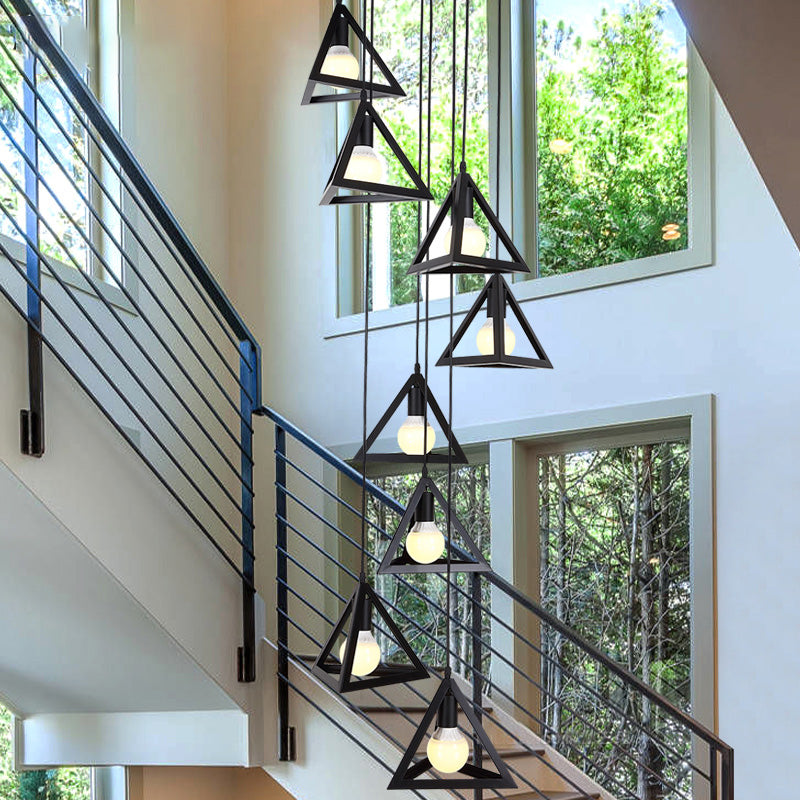 Black Metal Triangle Suspension Lamp - Modern Design 8 Lights Multi Hanging Light Fixture