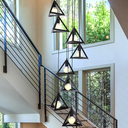 Black Metal Triangle Suspension Lamp - Modern Design 8 Lights Multi Hanging Light Fixture