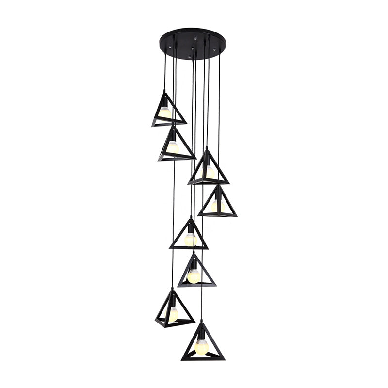 Black Metal Triangle Suspension Lamp - Modern Design 8 Lights Multi Hanging Light Fixture