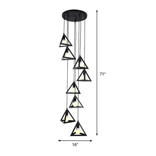 Black Metal Triangle Suspension Lamp - Modern Design 8 Lights Multi Hanging Light Fixture