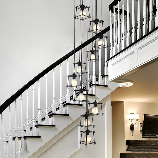 Minimalist Metallic Cube Stair Pendant With 10 Black Bulbs