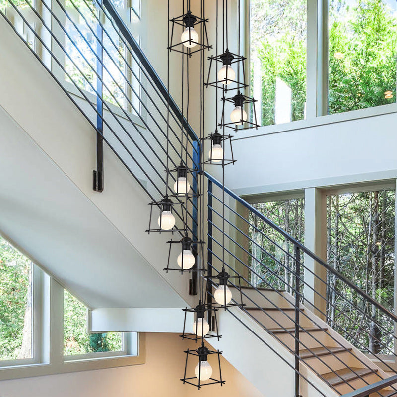 Minimalist Metallic Cube Cage Stair Pendant Light Chandelier - 10 Bulbs Black Finish