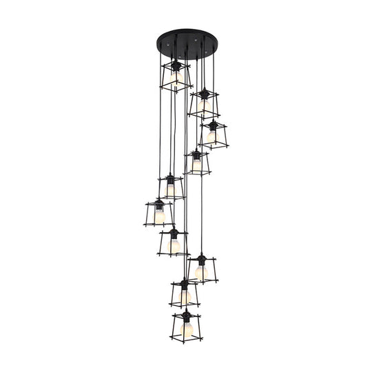 Minimalist Metallic Cube Cage Stair Pendant Light Chandelier - 10 Bulbs Black Finish