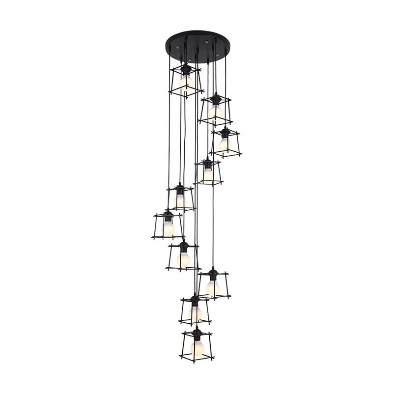 Minimalist Metallic Cube Stair Pendant With 10 Black Bulbs