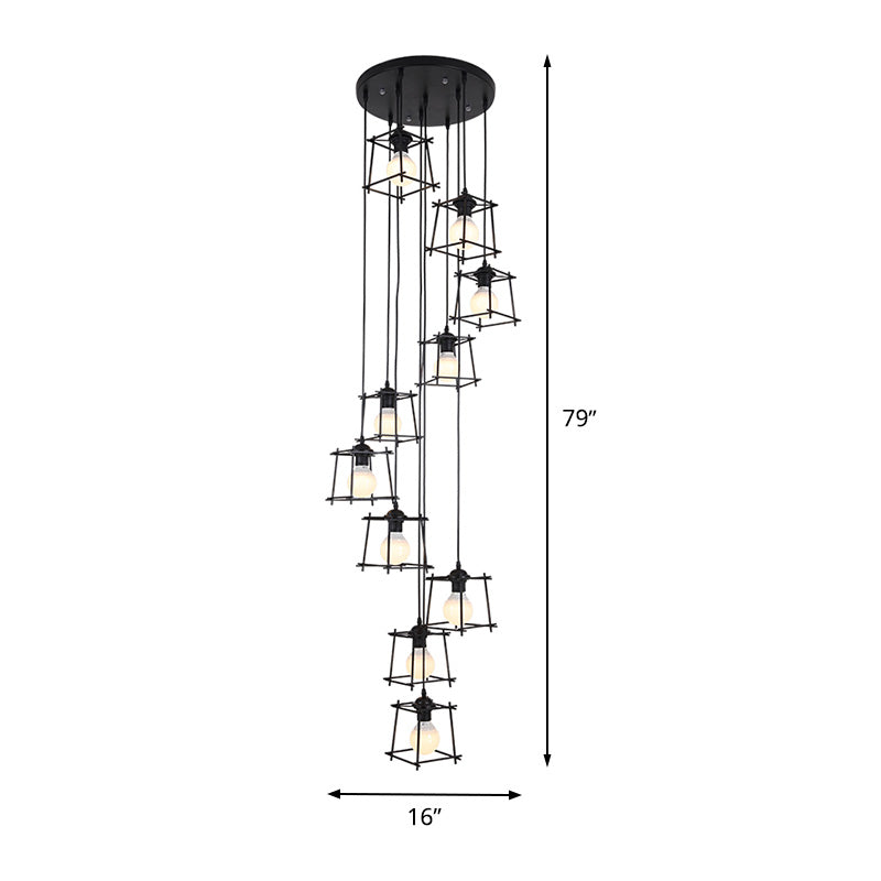 Minimalist Metallic Cube Cage Stair Pendant Light Chandelier - 10 Bulbs Black Finish