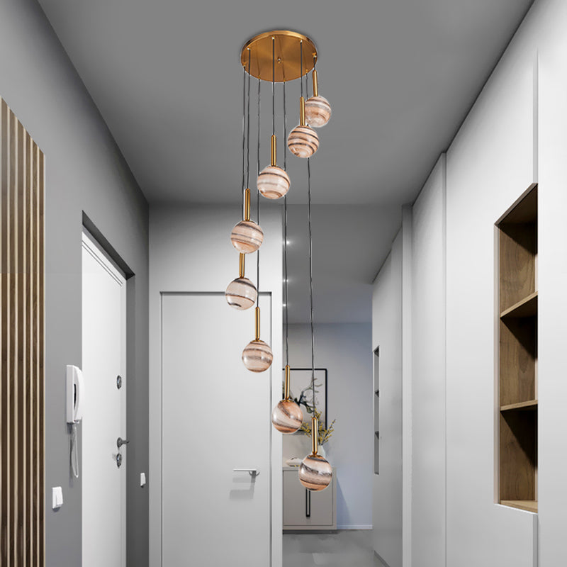 Modern Brown Glass Cluster Pendant Light With Spiral Design - 8 Ball Ceiling Lamp
