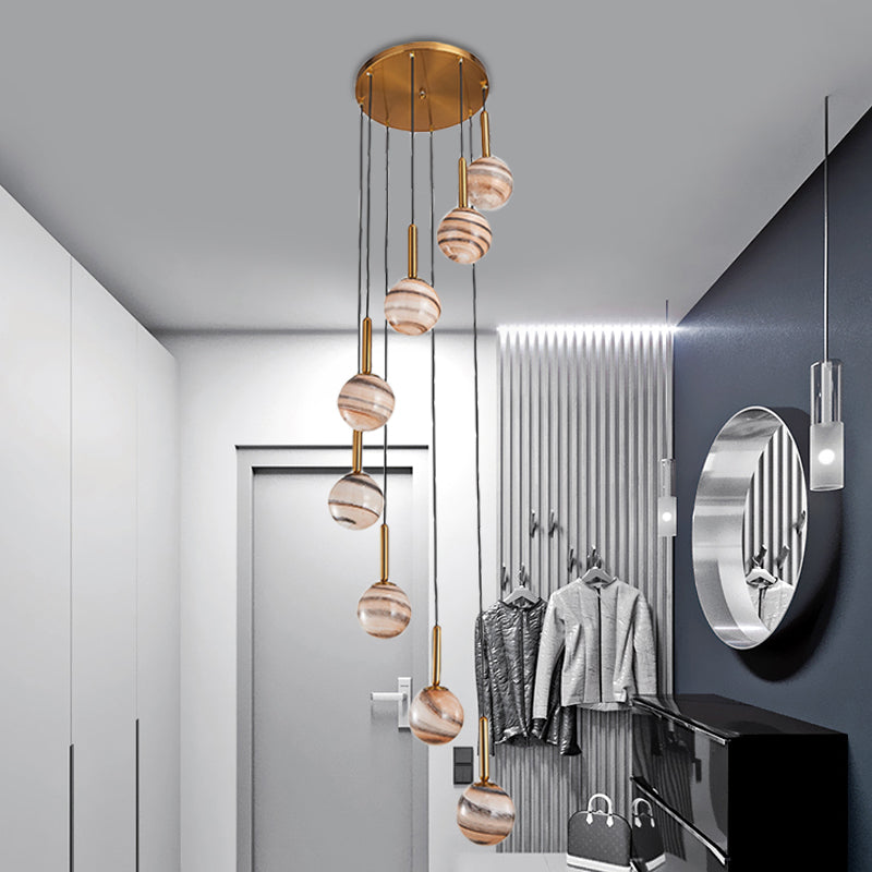 Modern Brown Glass Cluster Pendant Light With Spiral Design - 8 Ball Ceiling Lamp