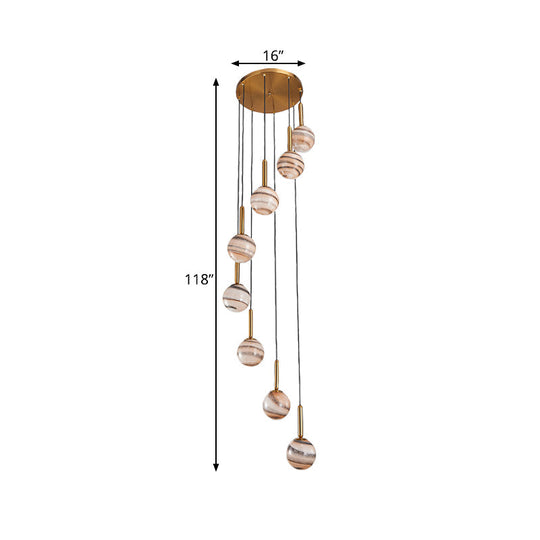 Modern Brown Glass Cluster Pendant Light With Spiral Design - 8 Ball Ceiling Lamp
