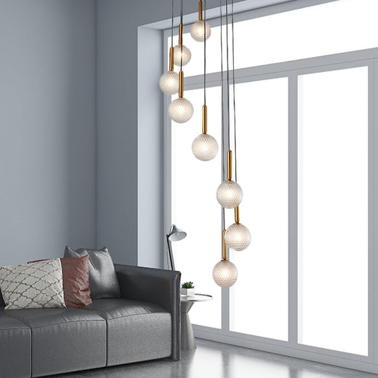 Modern Spiral Pendant Light With 8/9 Bulbs - White/Clear Lattice Glass Cluster Ceiling Fixture