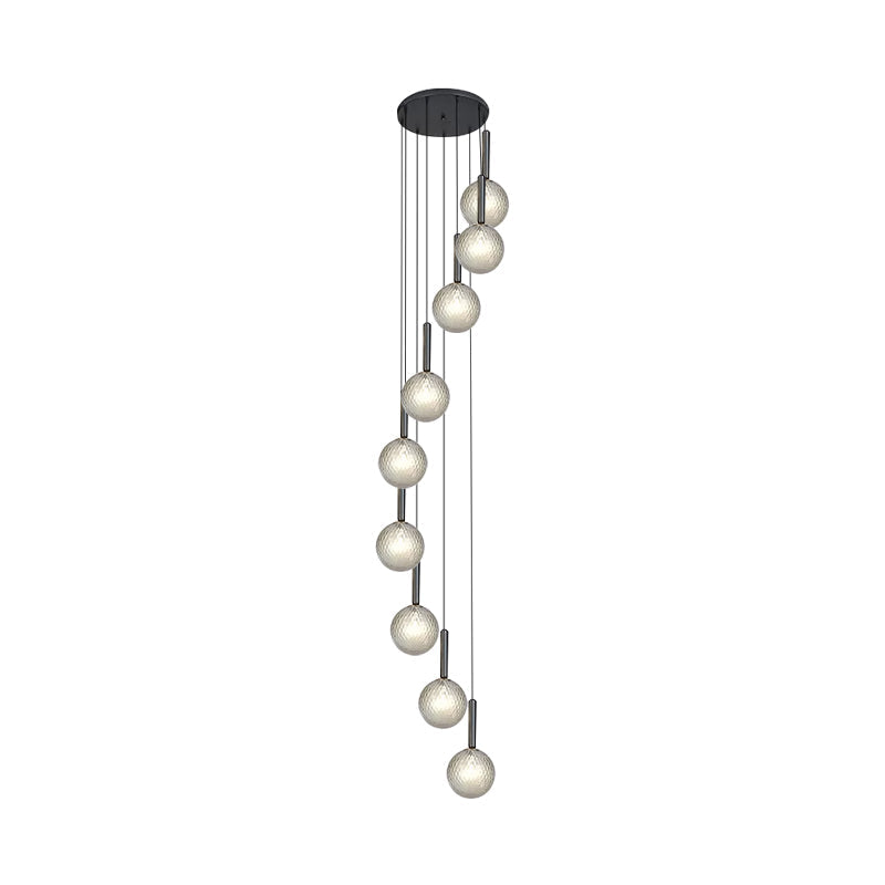 Spiral Multi Light Pendant With Lattice Glass - White/Clear Modern Design 8/9 Heads Black Hanging
