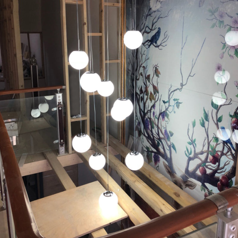 10-Head Silver Pendant Lamp: Contemporary Meteor Shower Cluster With White Glass Shades