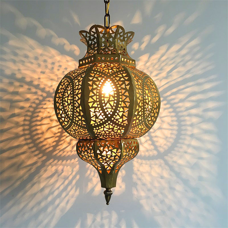 Hollow Out Vintage Metal Gourd Shade Brass Pendant Lamp - 1-Bulb Hanging Ceiling Lighting