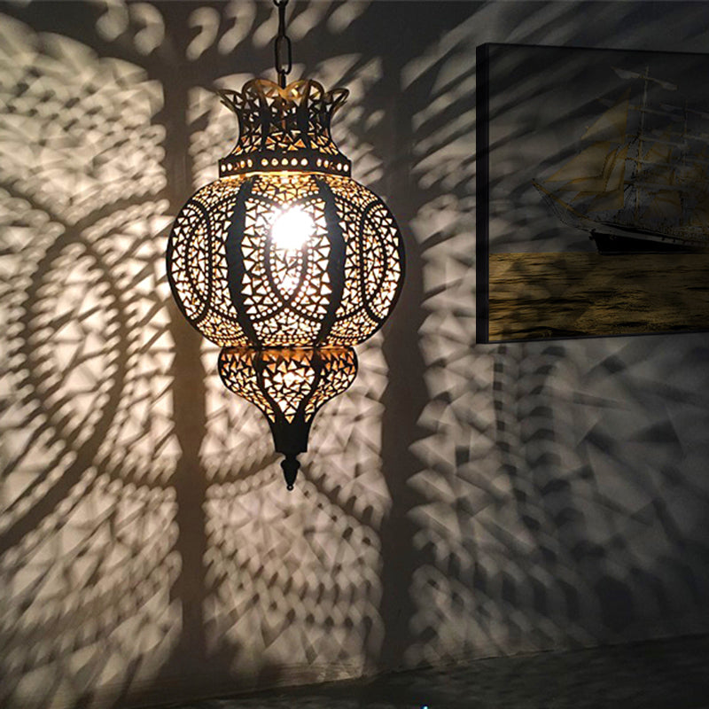 Hollow Out Vintage Metal Gourd Shade Brass Pendant Lamp - 1-Bulb Hanging Ceiling Lighting