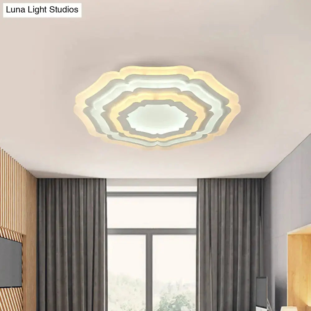 Modern White Floral Layer Led Flush-Mount Light Fixture For Living Room - 8’/19.5’/39’ Wide