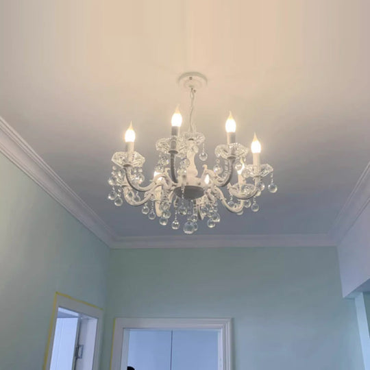 Rustic Metal Candle Suspension Lamp With Crystal Draping - White Corridor Chandelier