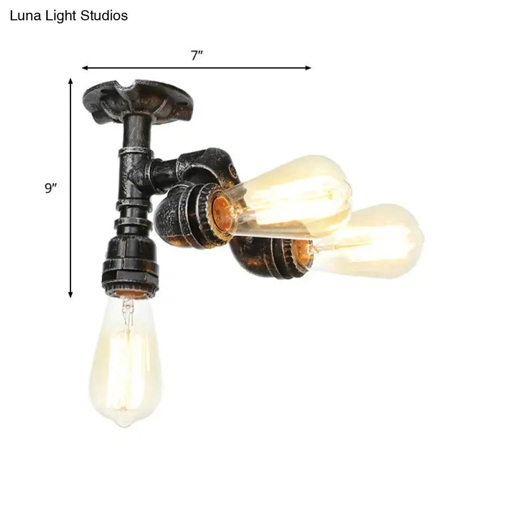 Vintage Water Pipe Metal Semi Flush Mount Ceiling Light Fixture - Antique Brass/Silver/Bronze 3/4
