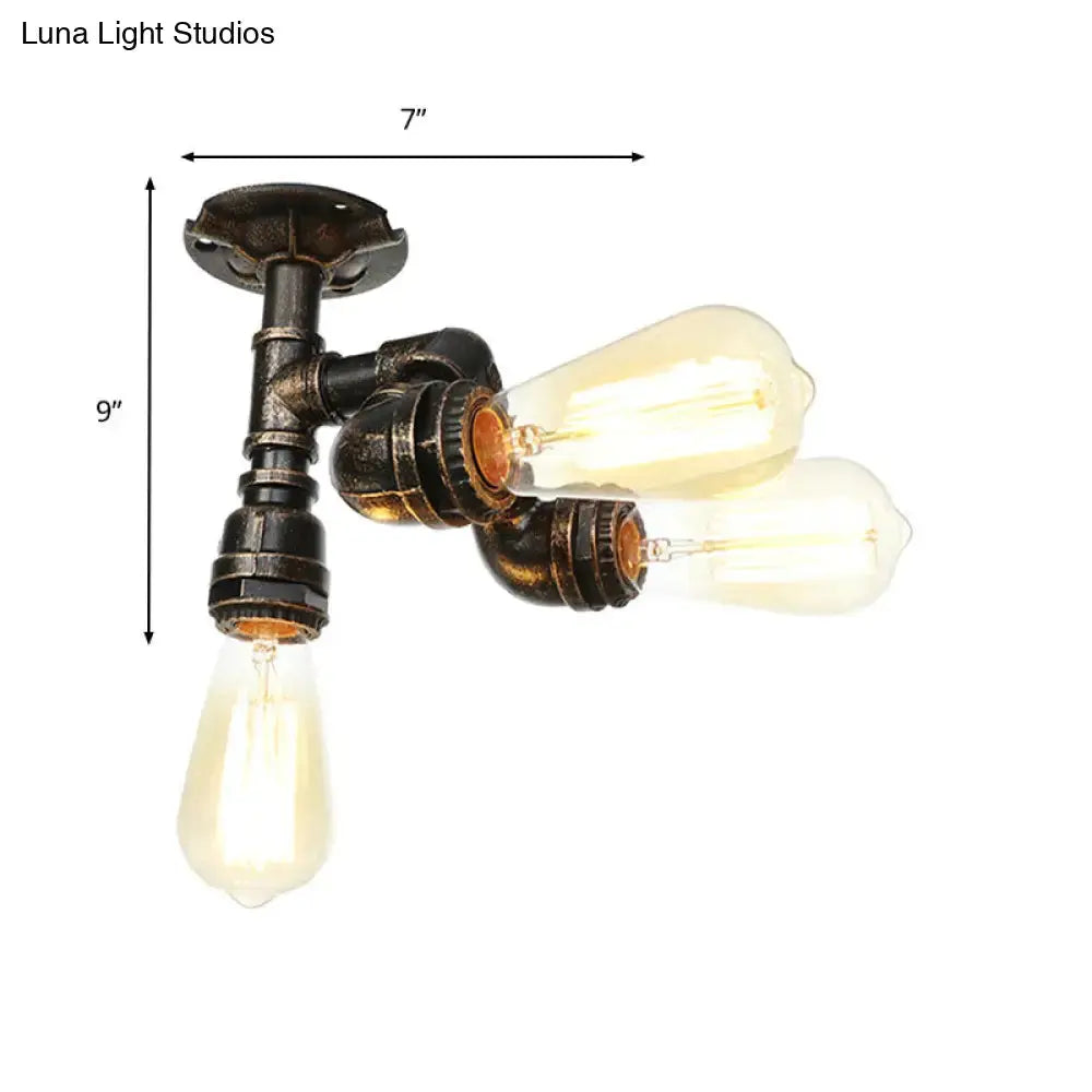 Vintage Water Pipe Metal Semi Flush Mount Ceiling Light Fixture - Antique Brass/Silver/Bronze 3/4