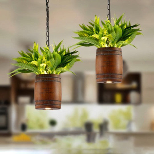 Industrial Wooden Pendant Lamp With Plant For Restaurant - Barrel Suspension Style