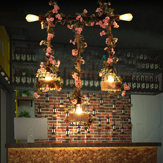 Vintage Metal 3-Head Island Ceiling Light With Flower Decor - Black