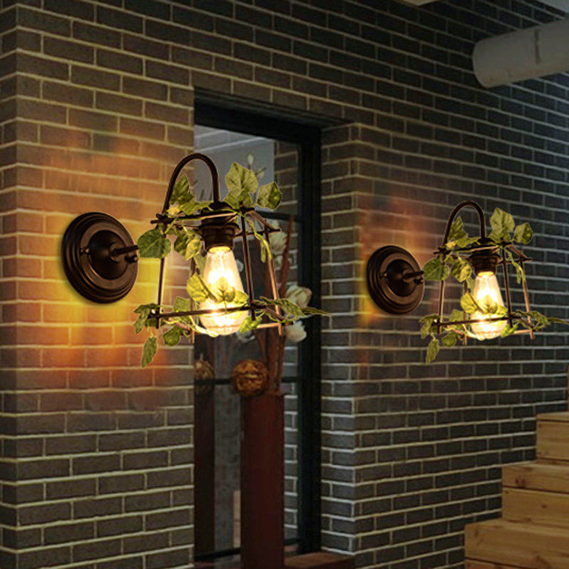 Industrial Diamond/Globe/Square Metal Led Wall Lamp Sconce In Black With Plant - 1 Light Fixture
