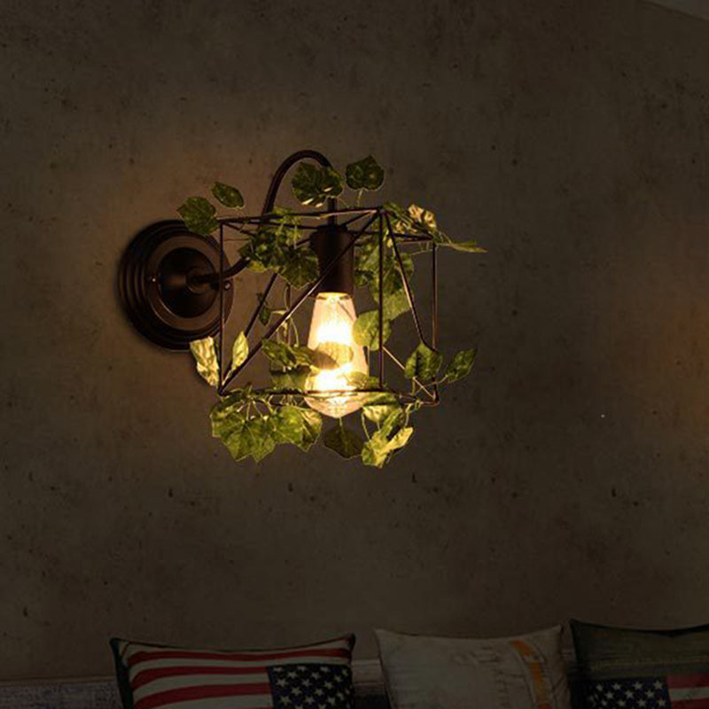 Industrial Diamond/Globe/Square Metal Led Wall Lamp Sconce In Black With Plant - 1 Light Fixture