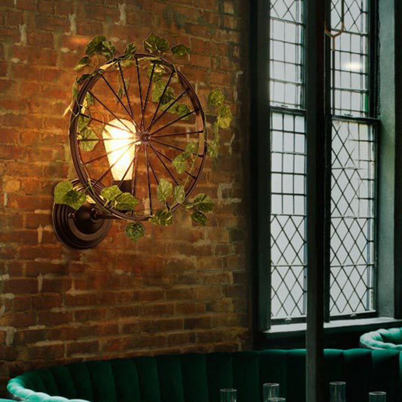 Industrial Diamond/Globe/Square Metal Led Wall Lamp Sconce In Black With Plant - 1 Light Fixture