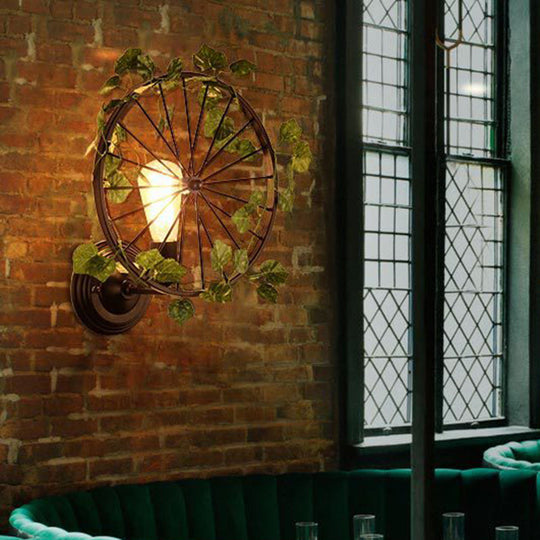 Industrial Diamond/Globe/Square Metal Led Wall Lamp Sconce In Black With Plant - 1 Light Fixture