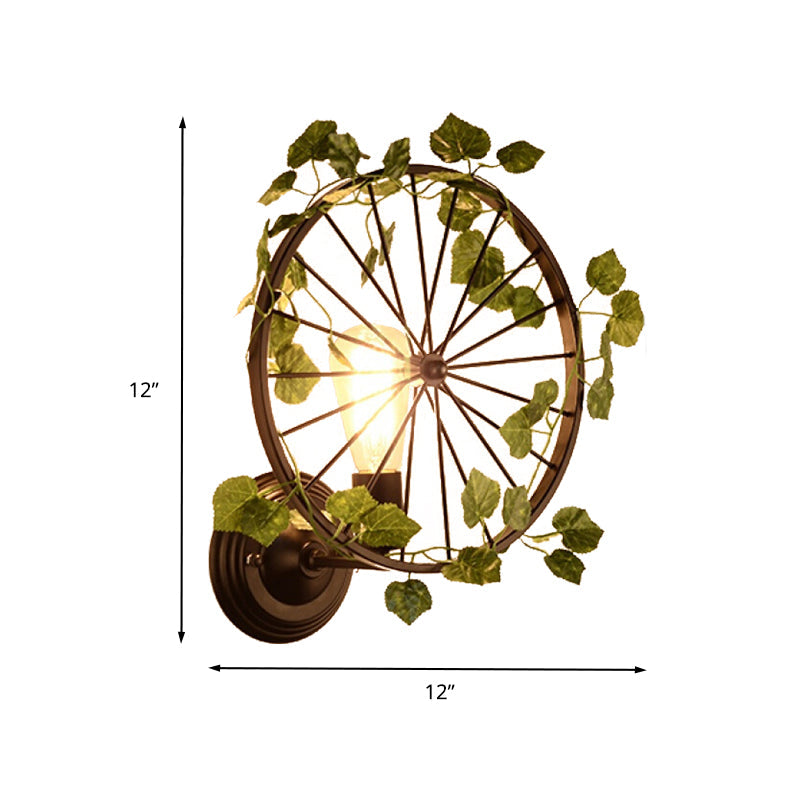 Industrial Diamond/Globe/Square Metal Led Wall Lamp Sconce In Black With Plant - 1 Light Fixture