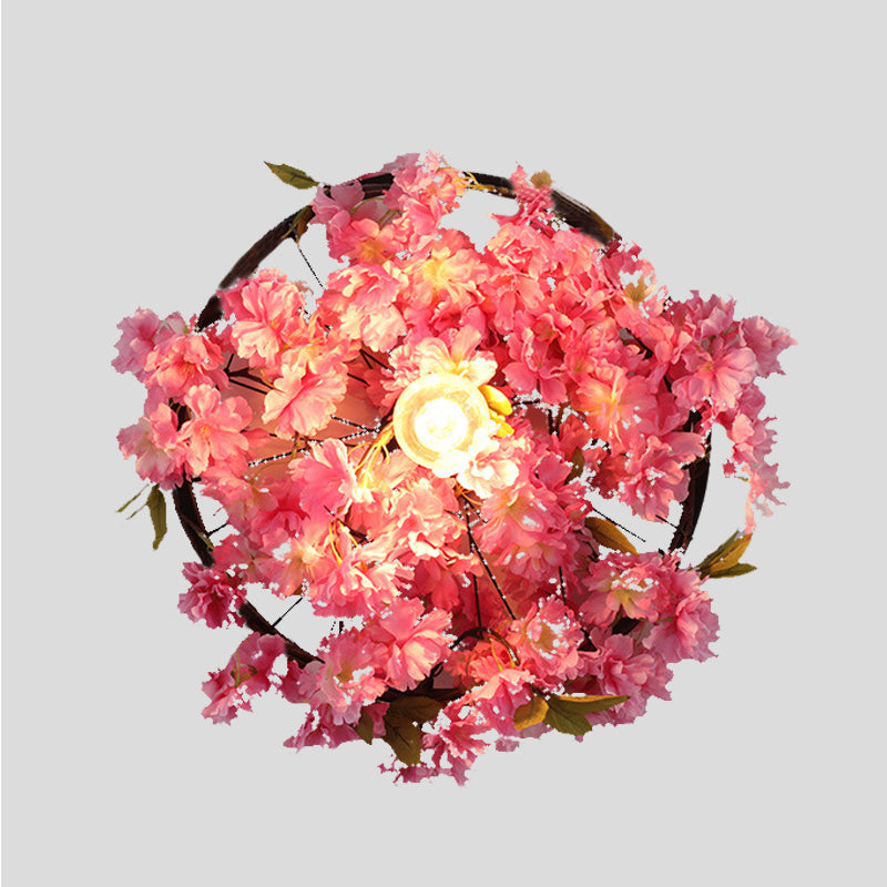 Vintage Wagon Wheel Wall Light: 1 Bulb Led Metal Sconce With Flower/Plant Decor In Pink/Green