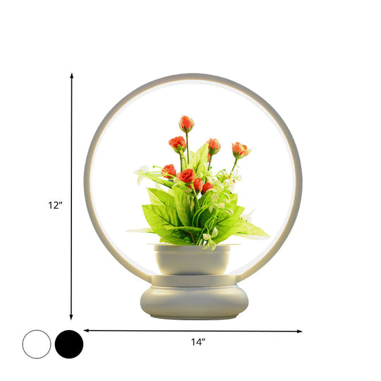 Stylish Metal Led Night Lamp With Plant Decoration - Round/Square Shape Warm/White Light For Bedroom