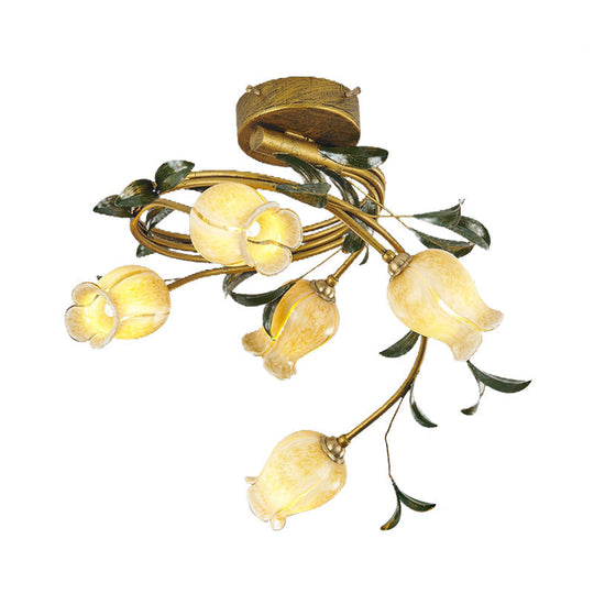 Pastoral Style Tulip Dining Semi - Flush Brass Ceiling Lamp With 5 Led Bulbs