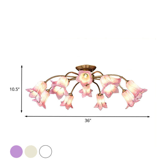 10 - Head Led Semi Flush Mount Ceiling Light For Bedroom With Pastoral Lily/Tulip Glass Shade -