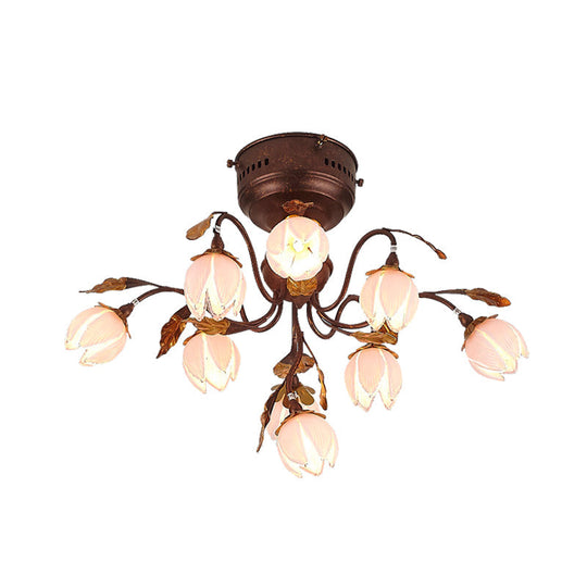 Lotus Metal Ceiling Lamp - 9 - Bulb Semi Flush Mount In Dark Brown Perfect For Living Rooms And