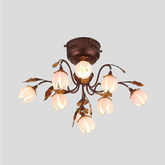 Lotus Metal Ceiling Lamp - 9 - Bulb Semi Flush Mount In Dark Brown Perfect For Living Rooms And