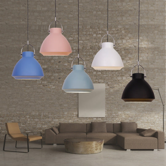 Dome Suspended Macaron Style Pendant Light - 10’/14’ Metallic Fixture With Handle In Black/Blue