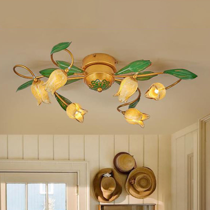 Tulip Ceiling Light: 6 - Bulb Led Semi Flush Mount In Brass For Living Room / B