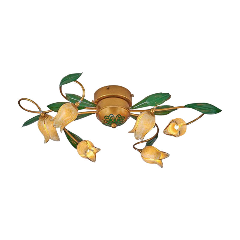 Tulip Ceiling Light: 6 - Bulb Led Semi Flush Mount In Brass For Living Room