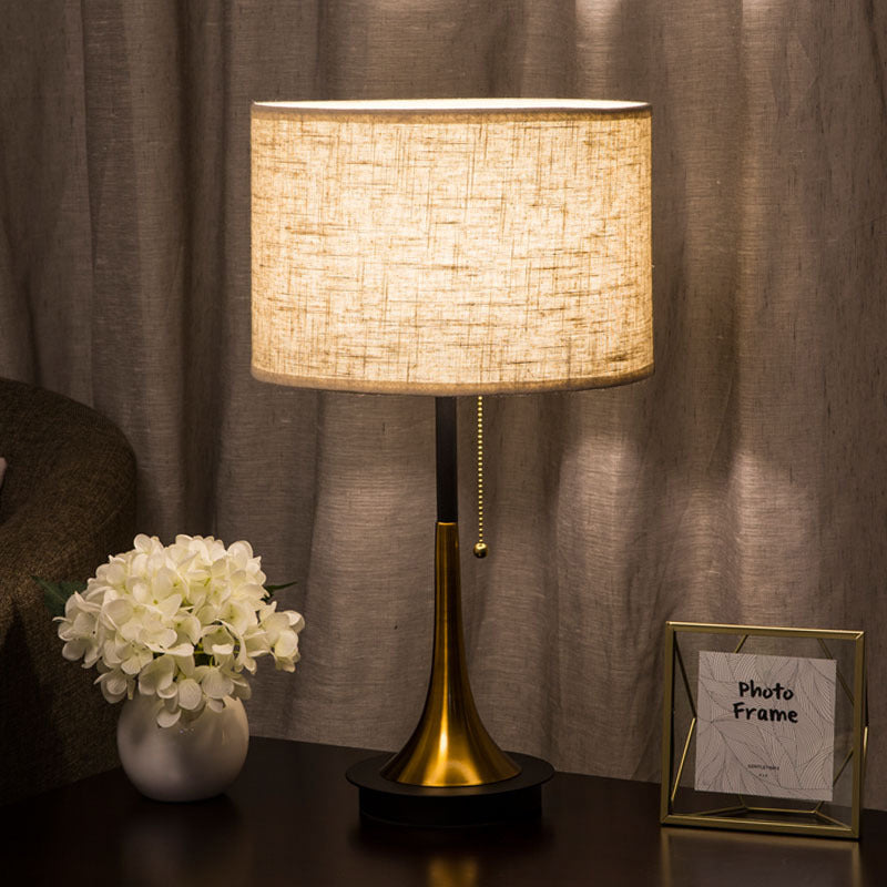 Modern Metal Drum Table Lamp: 1-Head Black/Grey Nightstand Lighting With Pull Chain